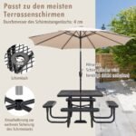 Iškylų stalas su suoliukais 8 žmonėms metalinis su vieta skėčiui (Juoda)