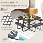 Iškylų stalas su suoliukais 8 žmonėms metalinis su vieta skėčiui (Juoda)