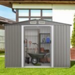 Tvirtas metalinis sodo namelis su pamatu ir rampos jungtimi (Pilka)