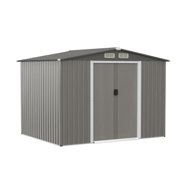 Tvirtas metalinis sodo namelis su pamatu ir rampos jungtimi (Pilka)