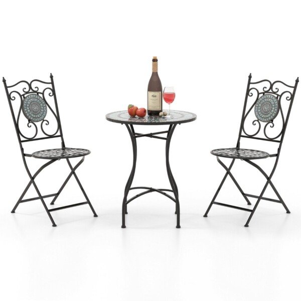 Apvalus mozaikinis lauko staliukas su kėdėmis (Juoda)