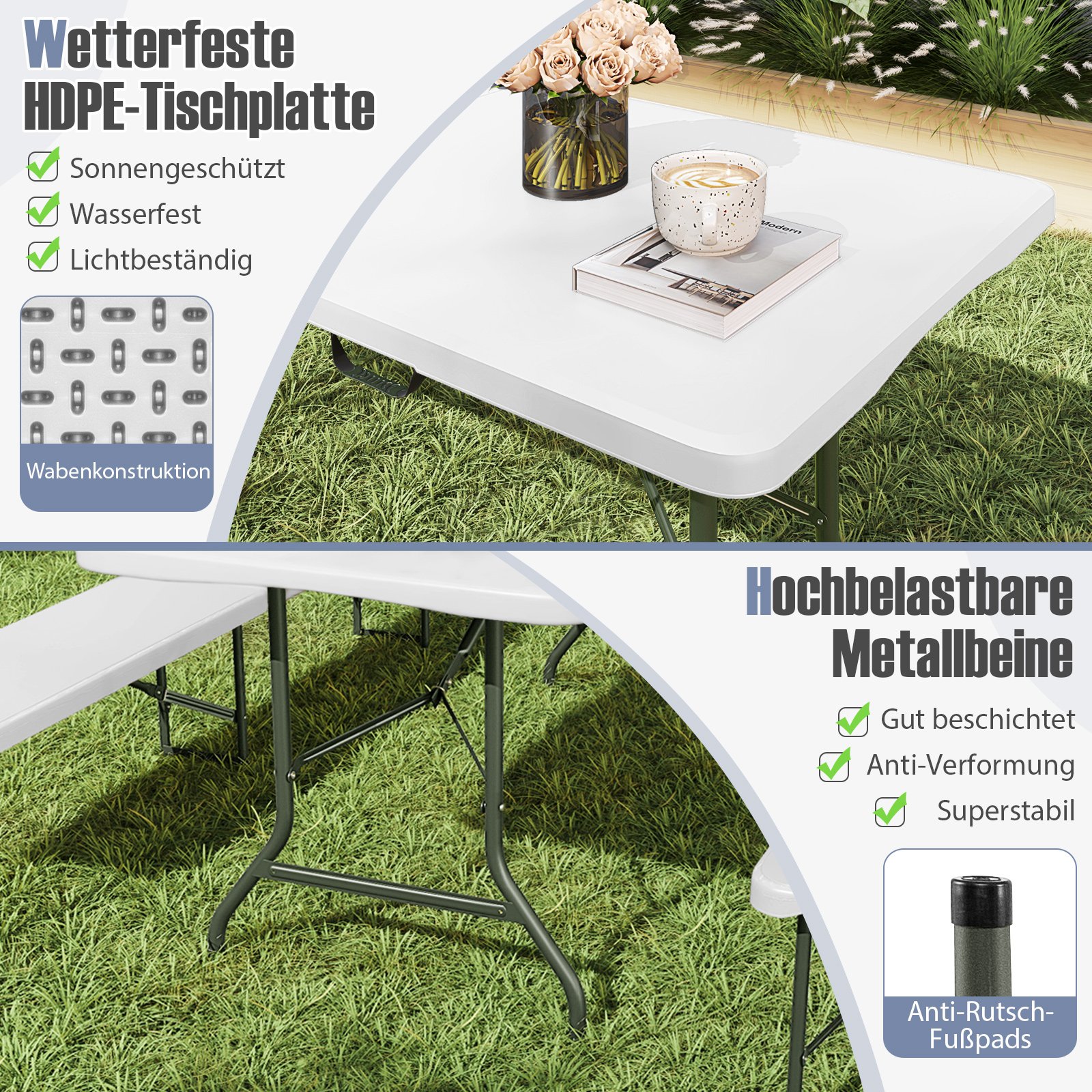 Sulankstomas lauko stalas 180x74cm su HDPE stalviršiu ir rankena (Balta)