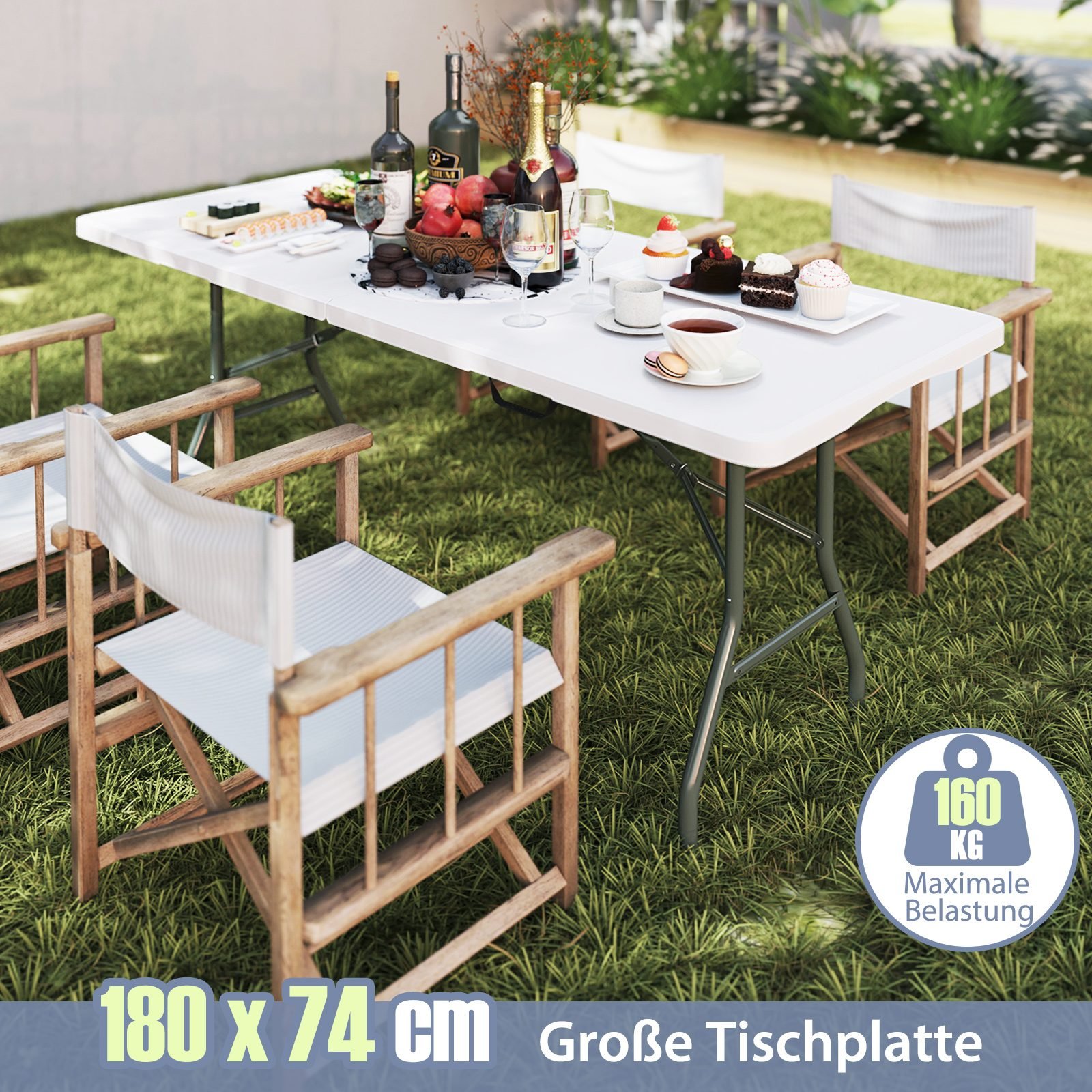 Sulankstomas lauko stalas 180x74cm su HDPE stalviršiu ir rankena (Balta)
