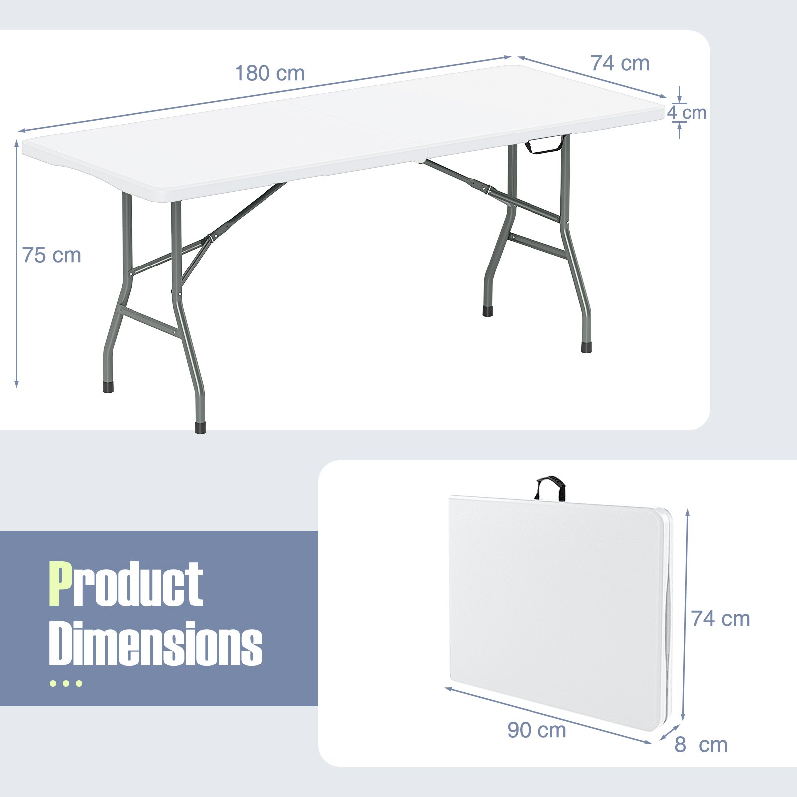 Sulankstomas lauko stalas 180x74cm su HDPE stalviršiu ir rankena (Balta)