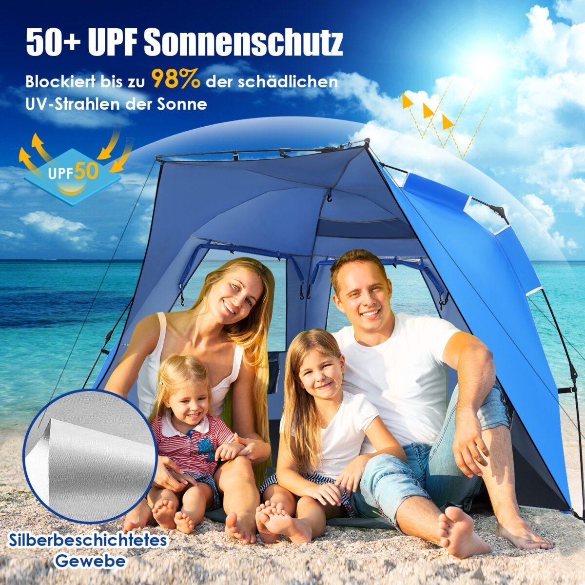 Paplūdimio palapinė 3–4 asmenims su UPF 50+ apsauga (Mėlyna)