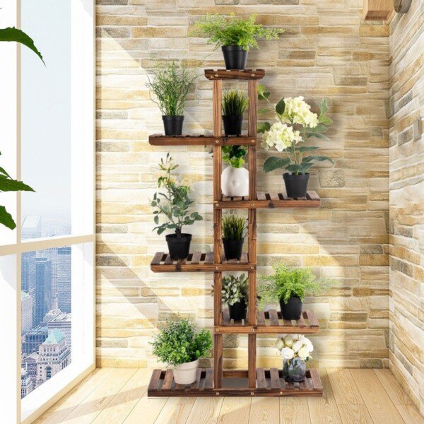 Daugiaaukštis medinis gėlių stovas šešiems lygiams (Natūrali medžio spalva)
