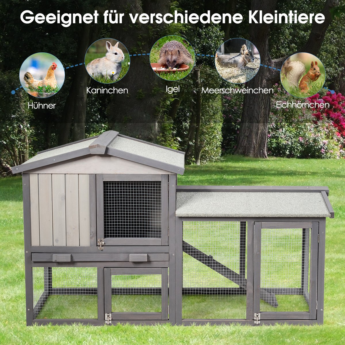 h_hnerstall-h_hnerhaus-ps7363gr-2 Erdvus medinis dviejų aukštų namelis smulkiems gyvūnėliams (Pilka)