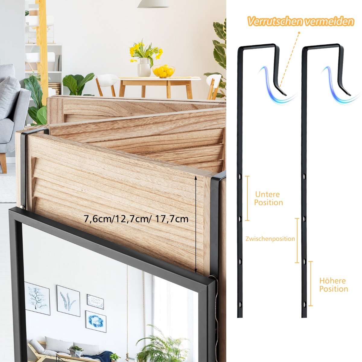 Didelis viso kūno veidrodis su reguliuojamais kabliukais (Juoda)