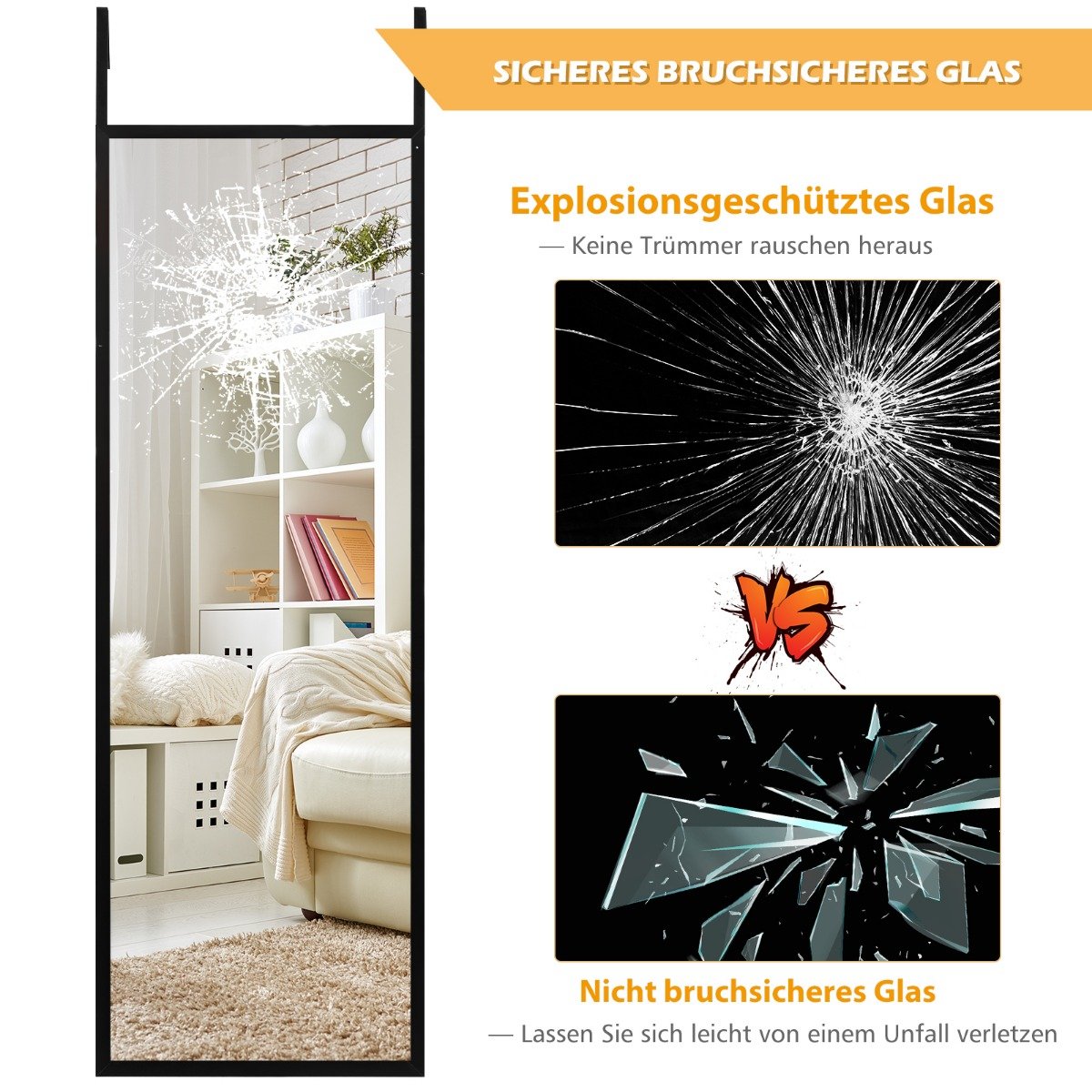 Didelis viso kūno veidrodis su reguliuojamais kabliukais (Juoda)