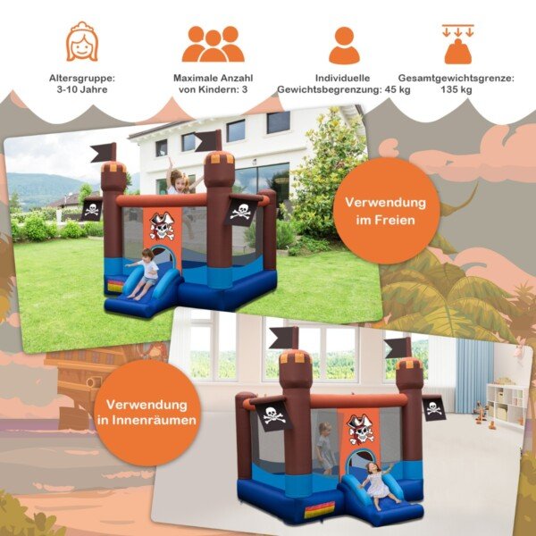 Pripučiama žaidimų pilis su čiuožykla ir krepšinio lanku (Mėlyna)