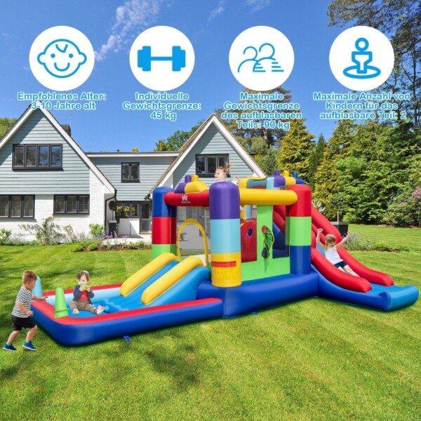 Pripučiama pilis su čiuožykla ir kamuoliukų baseinu (Daugiaspalvė)