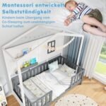 Vaikų namelio formos lovytė su apsauginiu borteliu ir dviem lentynomis (Pilka ir balta)