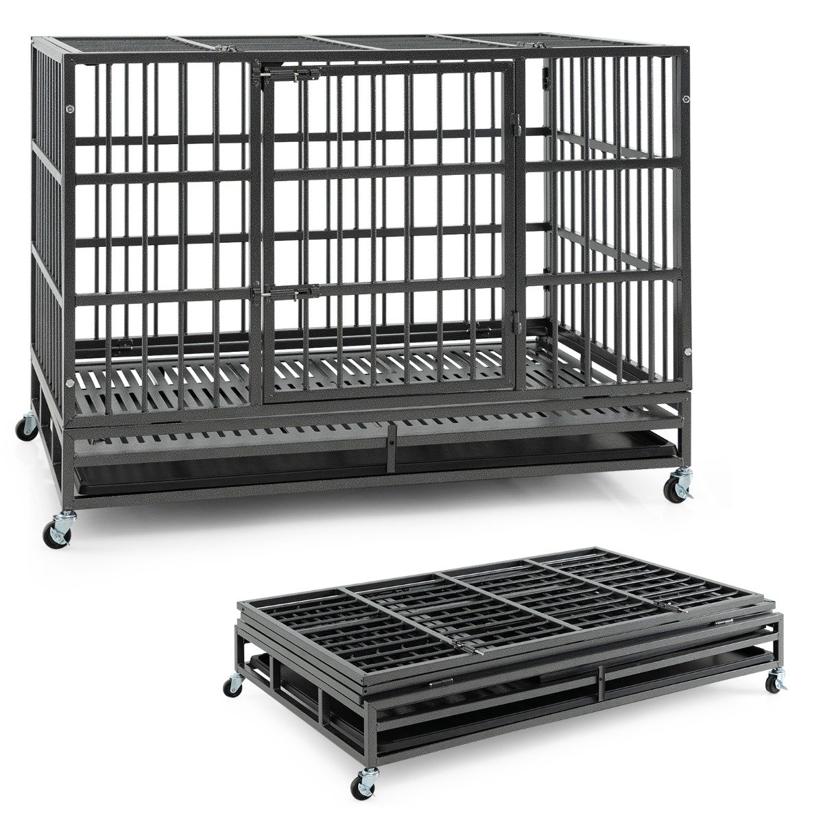 haustierk_fig-pu10040bk_7_ Sulankstomas metalinis transportavimo narvas šunims su ratukais (Juoda)