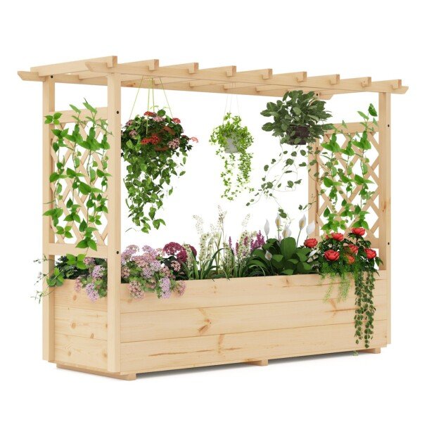 Pakeltas pušies medienos gėlynas su atrama ir stogeliu (Natūrali)