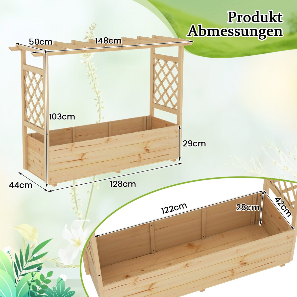 Pakeltas pušies medienos gėlynas su atrama ir stogeliu (Natūrali)