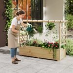 Pakeltas pušies medienos gėlynas su atrama ir stogeliu (Natūrali)