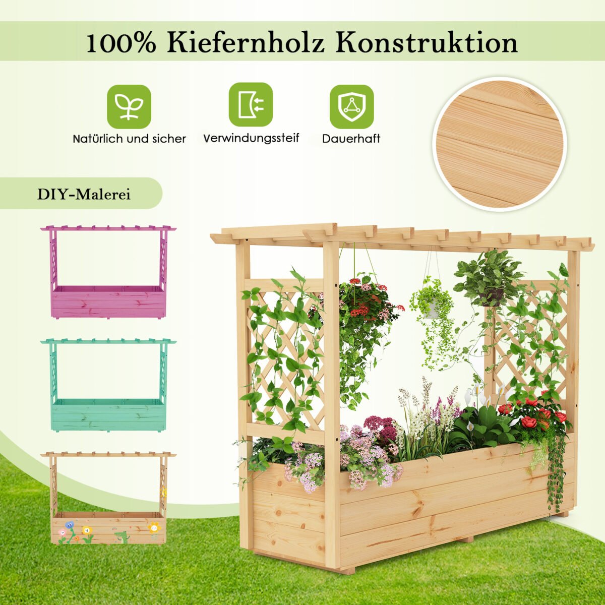 Pakeltas pušies medienos gėlynas su atrama ir stogeliu (Natūrali)