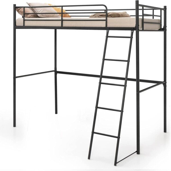 Tvirtas metalinis aukštos lovos rėmas su kopėčiomis (Juoda)