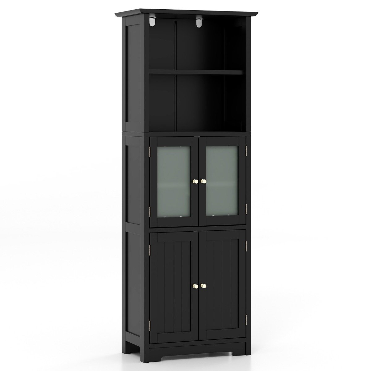 hochschrank-badezimmer-bodenschrank-12775_7__1 Aukšta vonios spintelė su stiklinėmis durelėmis ir atviromis lentynomis (Juoda)
