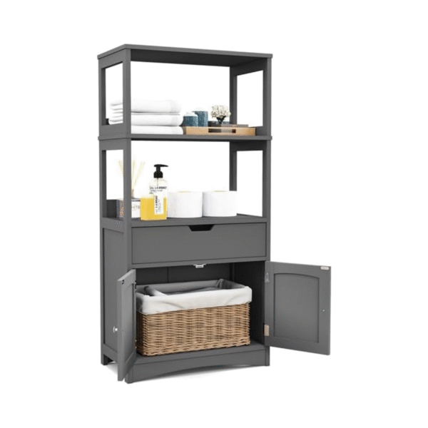 Aukšta vonios spintelė su 2 durelėmis ir atviromis lentynomis (Pilka)