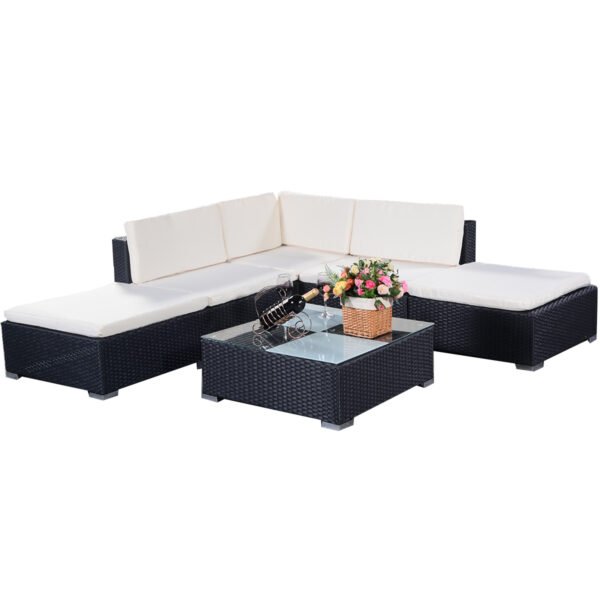 Moduliuojamas poliratano lauko baldų komplektas su stiklo stalu (Juoda)