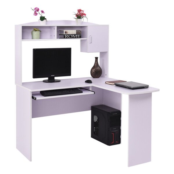 Kampinis L formos rašomasis stalas su ištraukiamu klaviatūros padėklu (Balta)