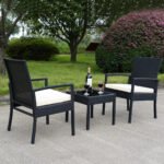 Poliratano lauko baldų komplektas su stikliniu staliuku (Juoda)