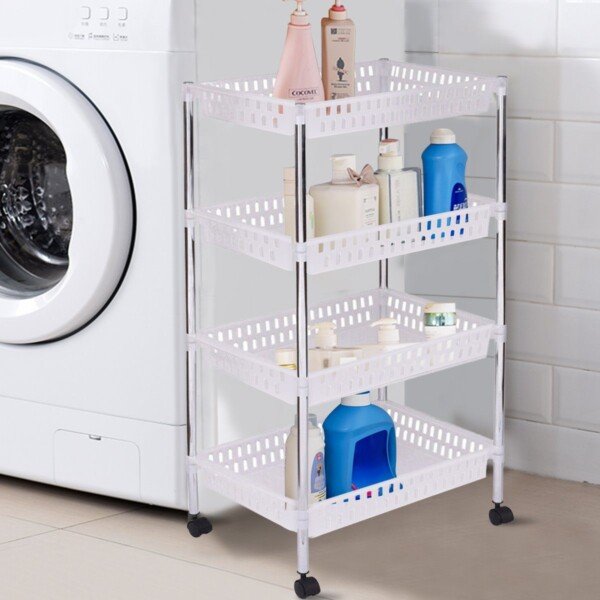 Siauras virtuvinis vežimėlis su 4 lentynomis ir ratukais (Balta)