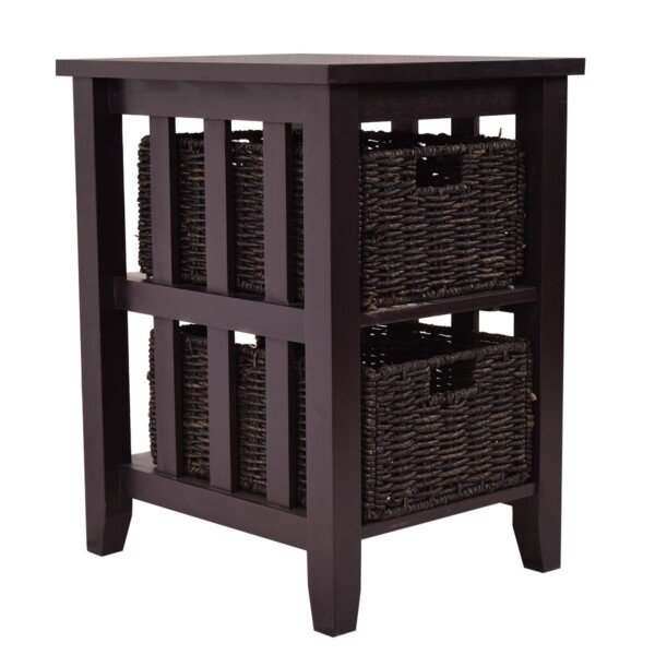 Pušies medienos naktinis staliukas su dviem pintais krepšiais (Ruda)