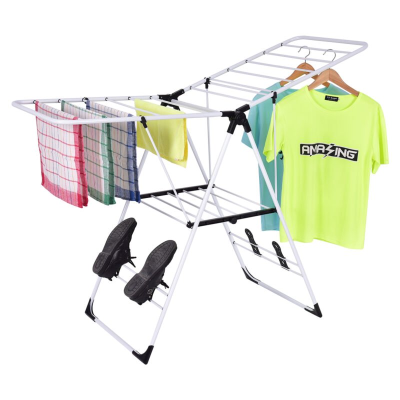 Sulankstoma ir reguliuojama drabužių džiovykla su batų lentynomis (Balta)