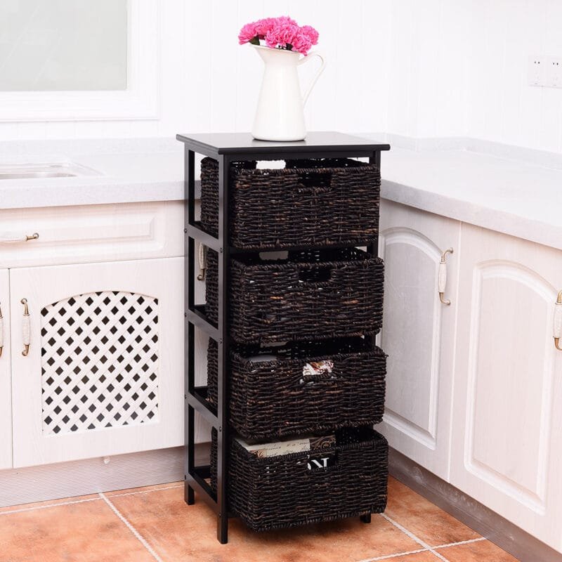 Pušies medienos komoda su 4 pintais krepšiais (Juoda)