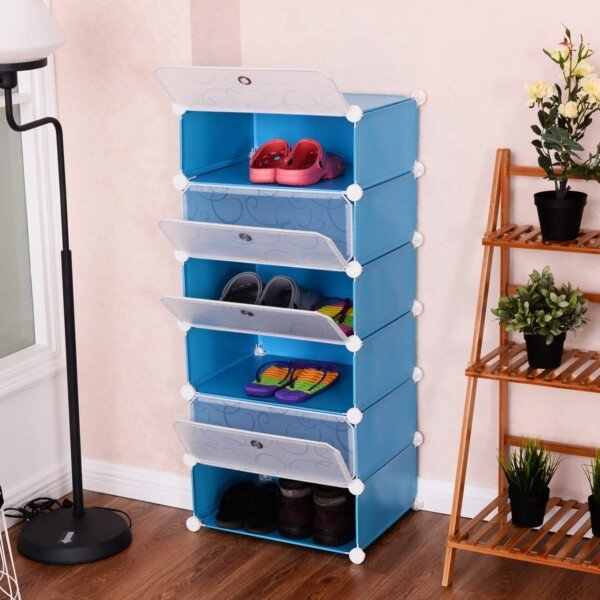 Modulinė šešių pakopų lentynų spinta batams ir drabužiams (Juoda)