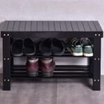 Dviaukštė bambukinė batų lentyna su sėdyne (Juoda)