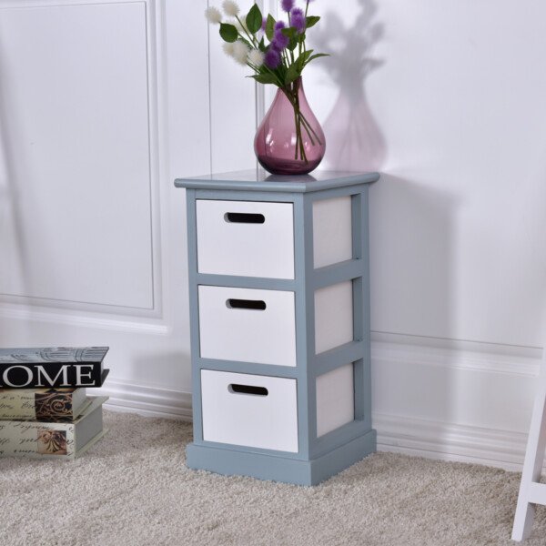 Paulownijos medienos naktinis staliukas su trimis stalčiais (Mėlyna ir balta)