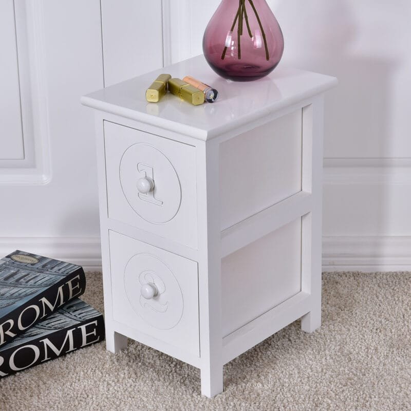 Naktinis staliukas su dviem stalčiais iš paulovnijos medienos (Balta)