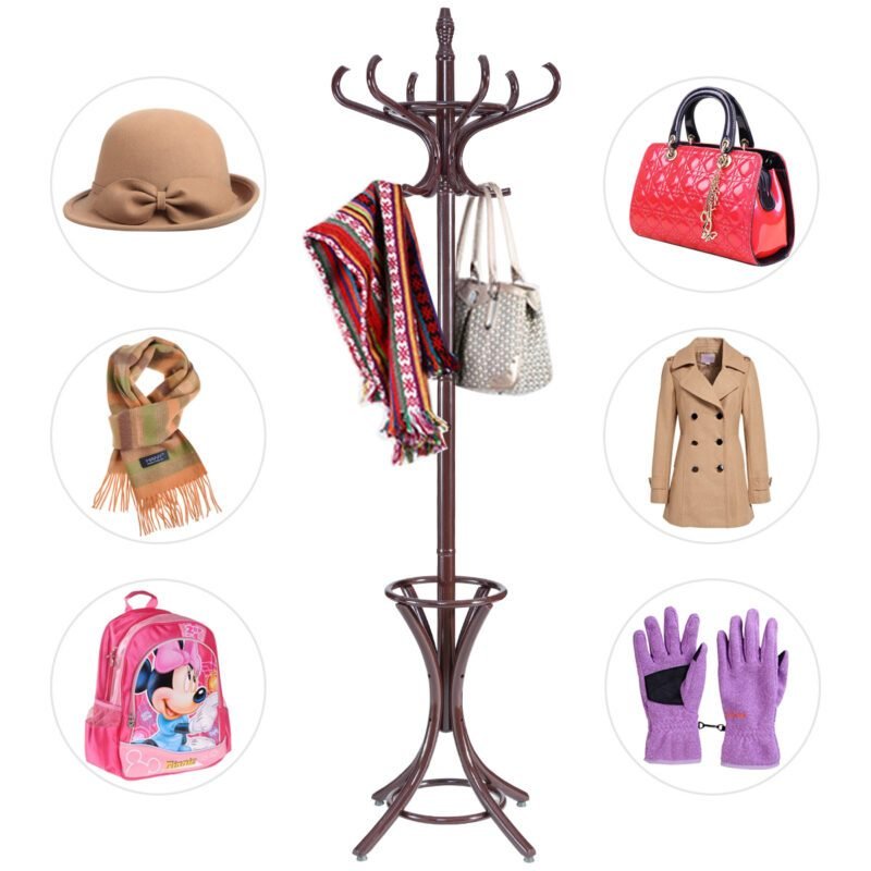 Drabužių kabykla su 12 kabliukų ir integruotu skėčių stovu (Ruda)