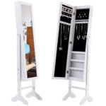 Pastatoma papuošalų spintelė su veidrodžiu ir LED apšvietimu (Balta)