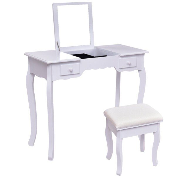 Tualetinis staliukas su atlenkiamu veidrodžiu ir stalčiais (Balta)