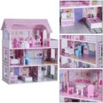 Medinis lėlių namelis su trimis aukštais ir baldais (Rožinė)