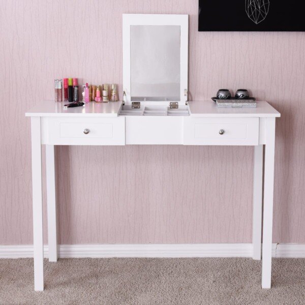 Tualetinis staliukas su atlenkiamu veidrodžiu ir talpiais stalčiais (Balta)