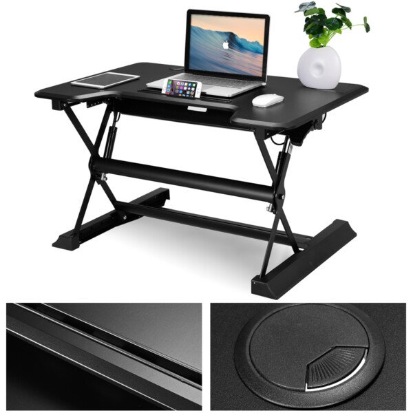 Ergonomiškas reguliuojamo aukščio stalo antstalas sėdėjimui ir stovėjimui (Juoda)
