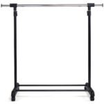 Reguliuojamo aukščio drabužių kabykla su ratukais ir lentyna (Juoda ir sidabrinė)