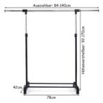 Reguliuojamo aukščio drabužių kabykla su ratukais ir lentyna (Juoda ir sidabrinė)