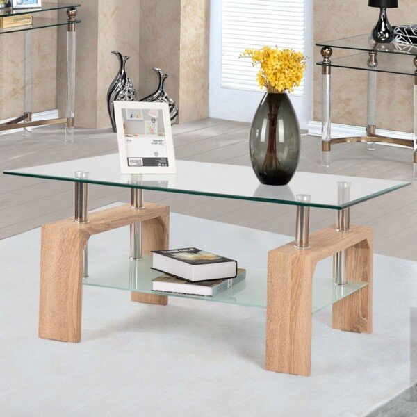 Šiuolaikinis svetainės kavos staliukas su grūdinto stiklo stalviršiais ir medžio elementais (Juoda)