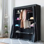 Tekstilinė drabužių ir skalbinių spinta su drabužių pakaba (Juoda)