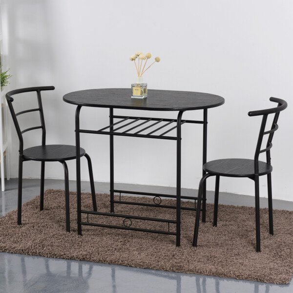 Kompaktiškas 3 dalių valgomojo stalo komplektas su lentyna (Juoda)