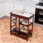 Medinis virtuvės vežimėlis su stalčiais ir trijomis lentynomis (Vyno raudona)