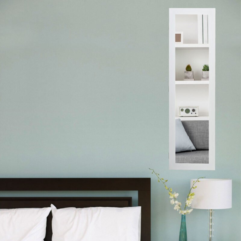 Elegantiška sieninė papuošalų spintelė su veidrodžiu (Balta)