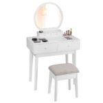 Kosmetinis staliukas su keturiais stalčiais ir taburete (Balta)