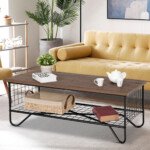 Dviejų aukštų kavos staliukas su metaliniu rėmu ir daiktadeže (Ruda)